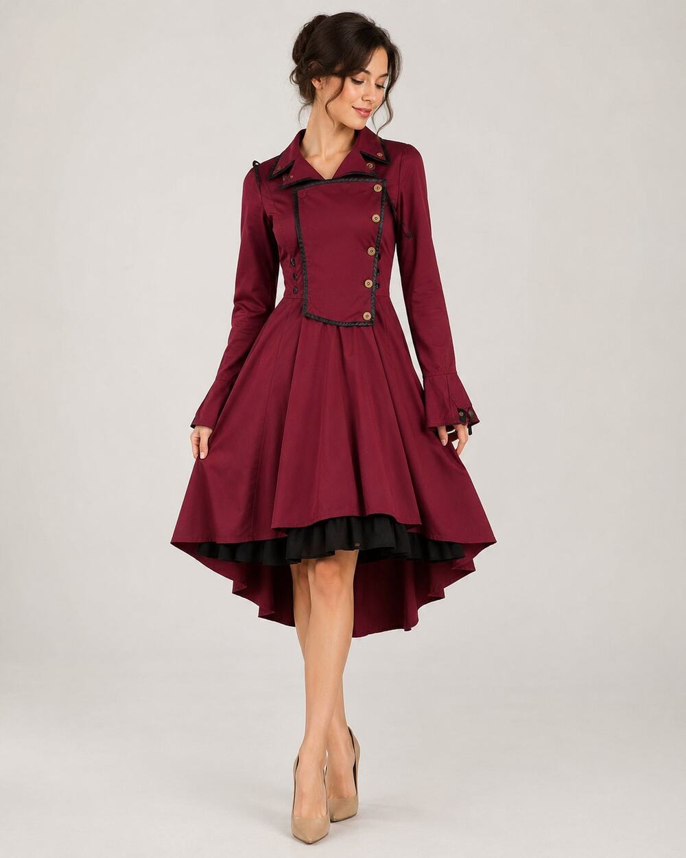 Xian Xium Burgundy Gothic Military High-Low Coat Dress SM Steampunk Button Front